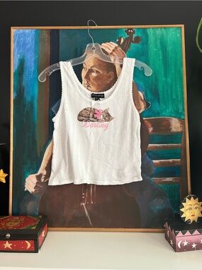 Streetwear Society Cat Darling Pointelle Tank Top White Pink Coquette L